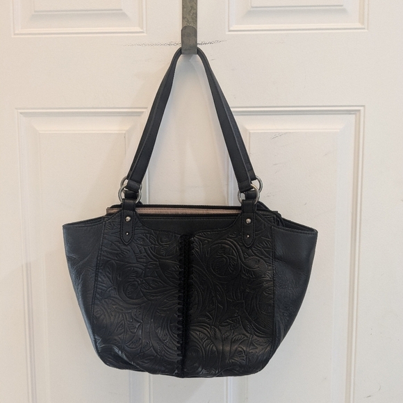 The Sak Bolinas Leather Satchel Black Leaf Embossed - Picture 3 of 7